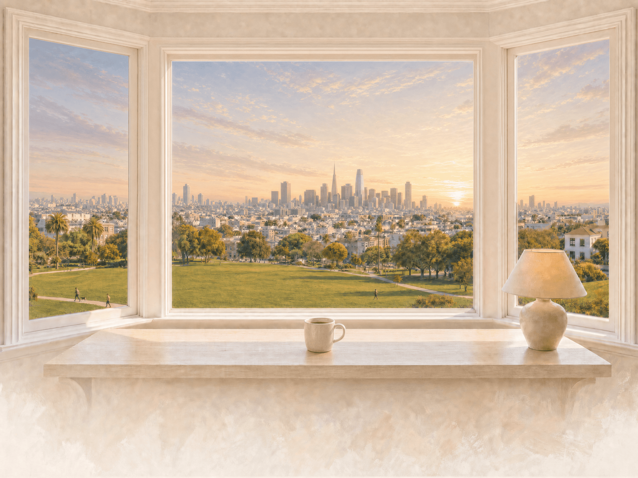 San Francisco bay window overlooking Dolores Park and the skyline